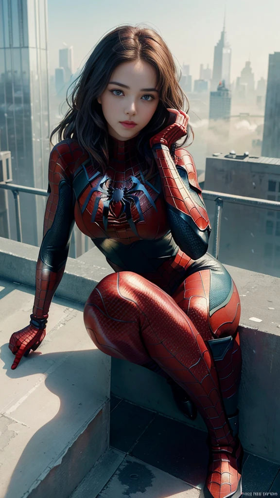 waist up, (1girl:1.3), Solo, (((Very detailed face)))), ((Very detailed eyes and face)))), Beautiful detail eyes, Body parts__, Official art, Unified 8k wallpaper, Super detailed, beautiful and beautiful, beautiful, masterpiece, best quality, original, masterpiece, super fine photo, best quality, super high resolution, realistic realism, sunlight, half body, amazing beauty, allured chest, dynamic (squatted sitting) pose, delicate face, vibrant eyes, (from the below), She wears Spider-Man suit, red and black color scheme, spider, very detailed city roof background, rooftop, overlooking the city, detailed face, detailed complex busy background, messy, gorgeous, milky white, highly detailed skin, realistic skin details, visible pores, clear focus, volumetric fog, 8k uhd, DSLR, high quality, film grain, fair skin, photo realism, lomography, futuristic dystopian megalopolis, translucent