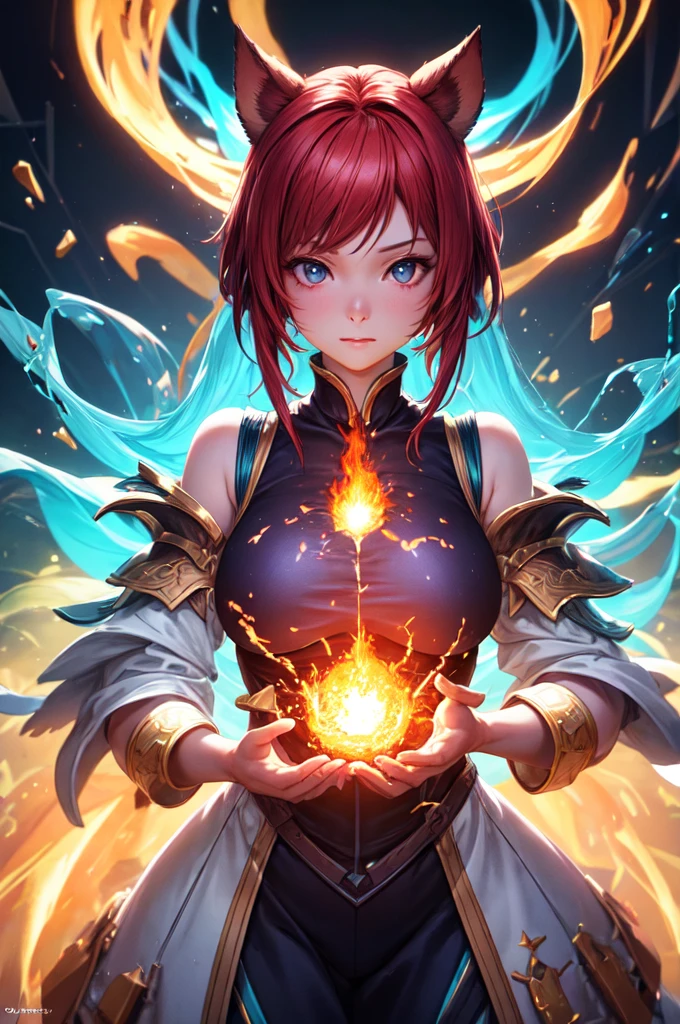 In an atmospheric and ethereal portrait, a paranormal luminescent neural network takes center stage. Image, amazingly detailed photo, reflects the interaction of mystical glow and advanced technology. Neural network floats in limbo, her circuits pulsate with an otherworldly light, as if there was a sentient being living inside. Threads of red-hot energy intertwine, creating a mesmerizing glow, which illuminates the environment. Flawless image quality clearly reveals complex network structure, inviting viewers to ponder the mysterious secrets, which it stores, red hair long pig tails, remove cat ears, dark mage, 2. 5 d cgi anime fantasy artwork, in the art style of mohrbacher, the sorceress casting a fireball, artgerm and rossdraws, wreathed in flame, rossdraws global illumination, fire spell