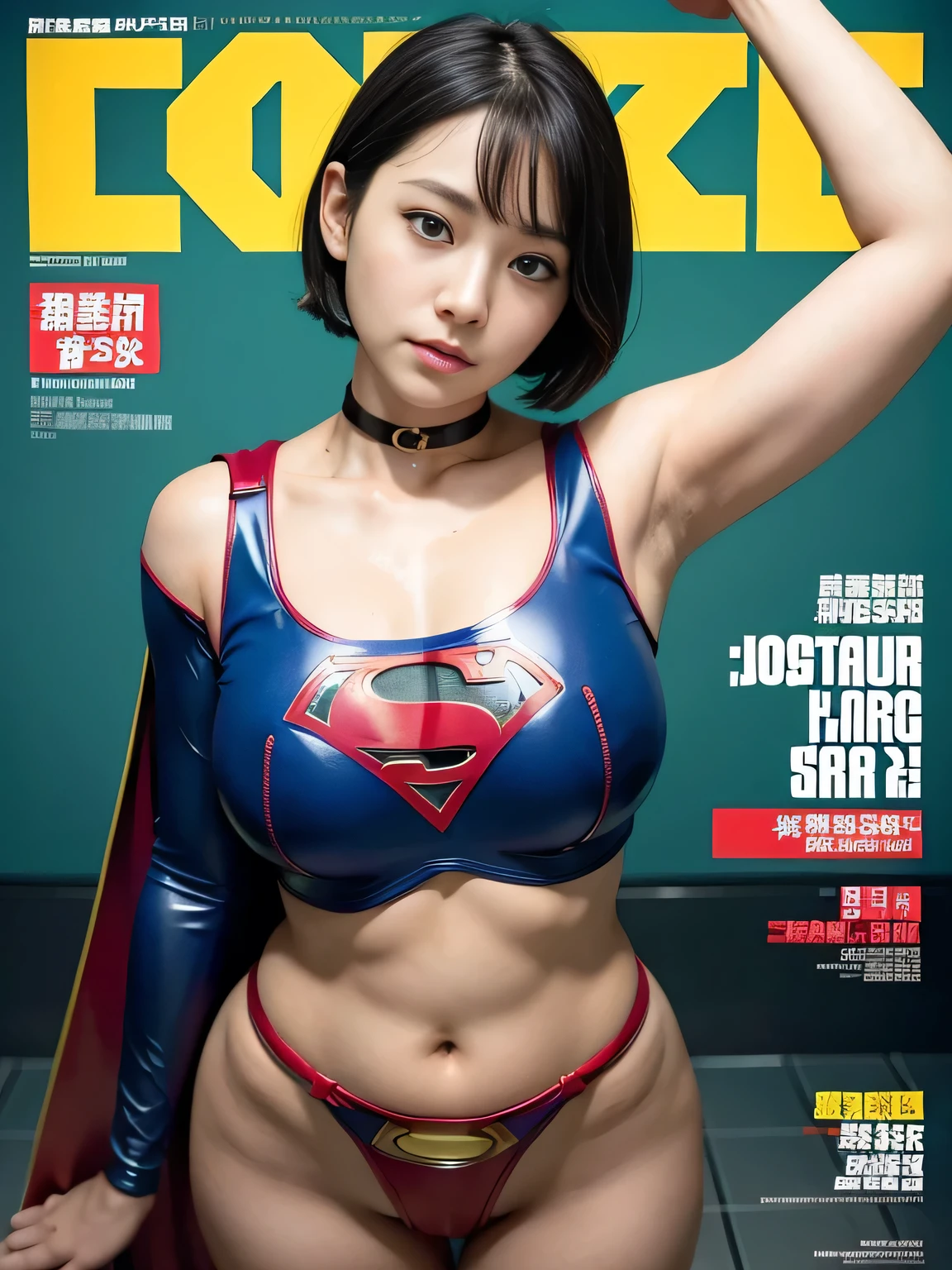 masterpiece、Rubber Supergirl Costume、Short Hair、Hospital operating table、Crisis situation、Big and ample breasts、looking at the camera、Shiny、Off the shoulder、choker、Long sleeve、exy poses to seduce、Sweaty skin、Model body type、Alluring、charm、Enchanting、Abused、test subject、victim、Wild、Photorealistic、latex、Expose your belly、athlete、High leg、Photo magazine cover、Cape、Beautiful Armpits、wallpaper for pc、