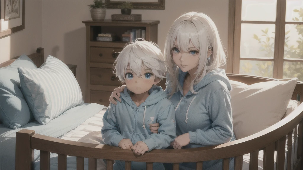 an anime image of a small boy with white hair wearing a thick diaper underneath fox hoodie-footie pjs, hoodie-footie pjs, (sleeping in a crib), nursery, ((1boy)), adorable, masterpiece, extremely detailed, beautiful eyes, sharp focus, vivid colors, studio lighting, intricate details, soft textures, cozy atmosphere, high quality, hood down,
