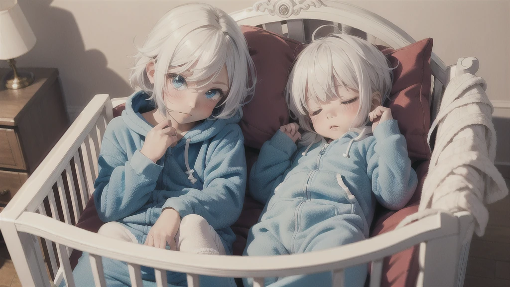 an anime image of a small boy with white hair wearing a thick diaper underneath fox hoodie-footie pjs, hoodie-footie pjs, (sleeping in a crib), nursery, ((1boy)), adorable, masterpiece, extremely detailed, beautiful eyes, sharp focus, vivid colors, studio lighting, intricate details, soft textures, cozy atmosphere, high quality, hood down,
