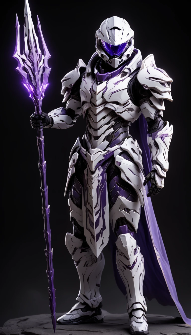 Masterpieces, Holy White Knight, Action style shot, (Battle Priest in a warframe and halo style armor wielding a spear imbued with purple radiant light, emanating potent light magic.), (purple white, silver color scheme), (white hood and cape), (action shot: holding spear, (quiver on back), white and purple tabard (solid color background), centered, full body shot, (dynamic action stance pose), sci-fi knight, Halo master chief, vibrant colors, visible figure joints, cinematic shot, volumetric lighting, intricate pattern detail, highly detailed