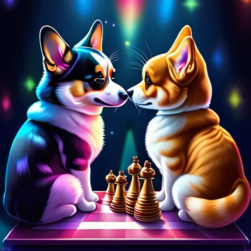 psychedelicstyle magic beamMake me a photo of cute corgi and cute American shorthaircat cat playing chess.