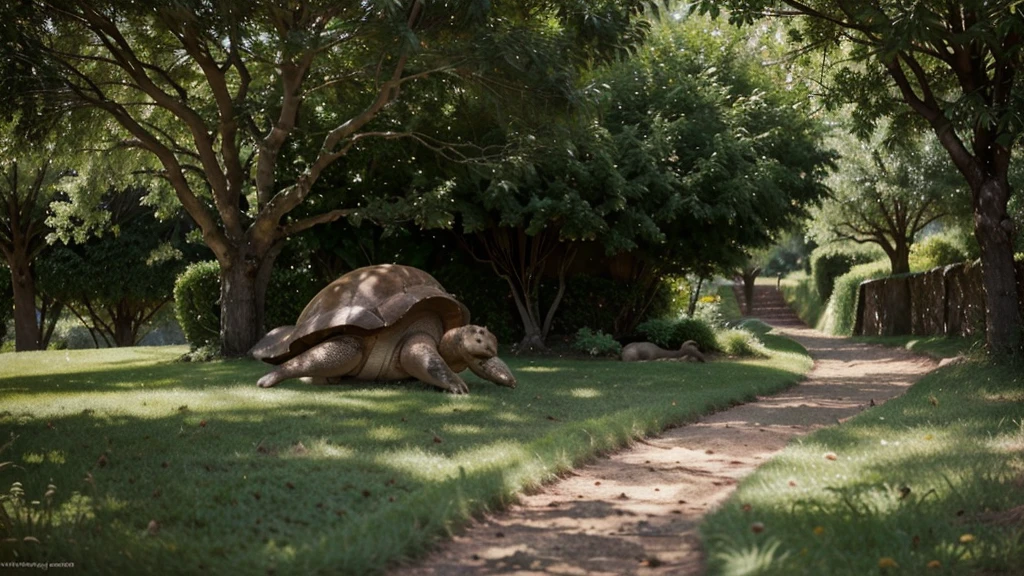 a hare napping under a shady tree, a tortoise walking steadily on a path in the background, detailed fur and grass, beautiful natural lighting, photorealistic, highly detailed, 8k, cinematic, award-winning photography, stunning landscape, warm color tones