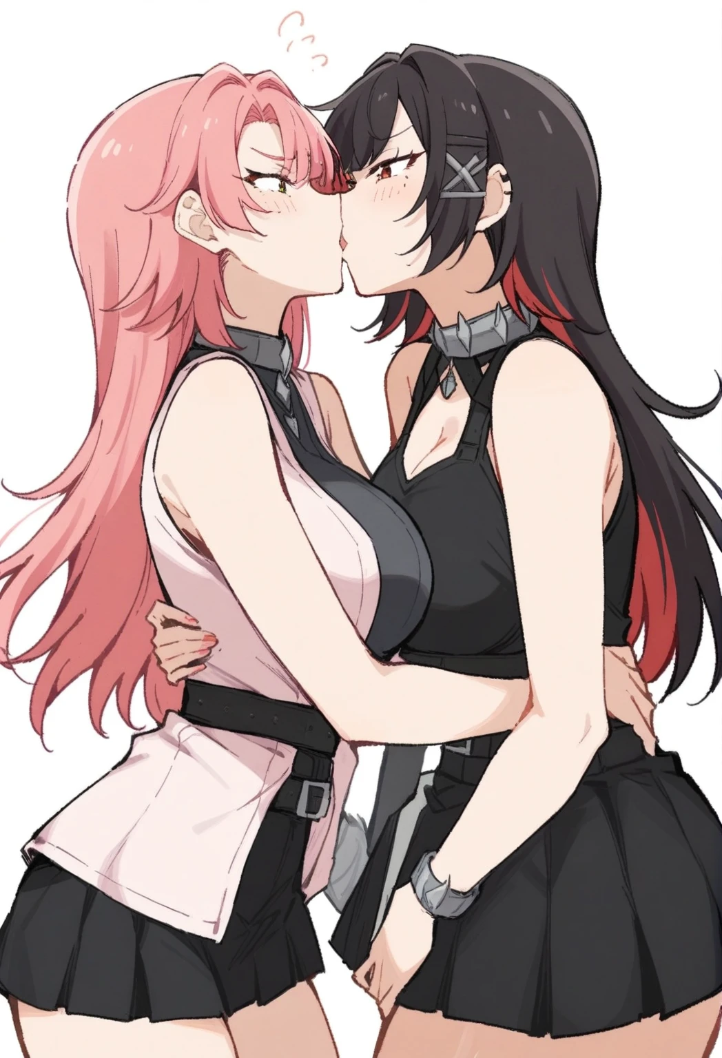 two woman one with pink hair and another with black red hair
