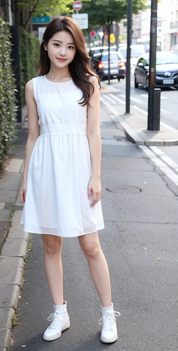 1girl, solo, long hair, looking at viewer, smile, brown hair, dress, brown eyes, standing, full body, outdoors, parted lips, shoes, sleeveless, day, white dress, lips, white footwear, realistic, road, street