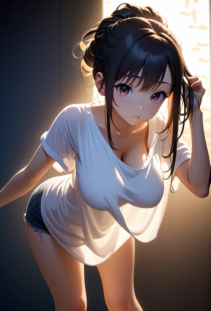 game CG,  (downblouse), (loose t-shirt:1.5), leaning forward,  sagging breasts,cleavage,Brush your hair up, looking viewer, breasts_silhouette, lighting, body Silhouette, (See-through:0.5)