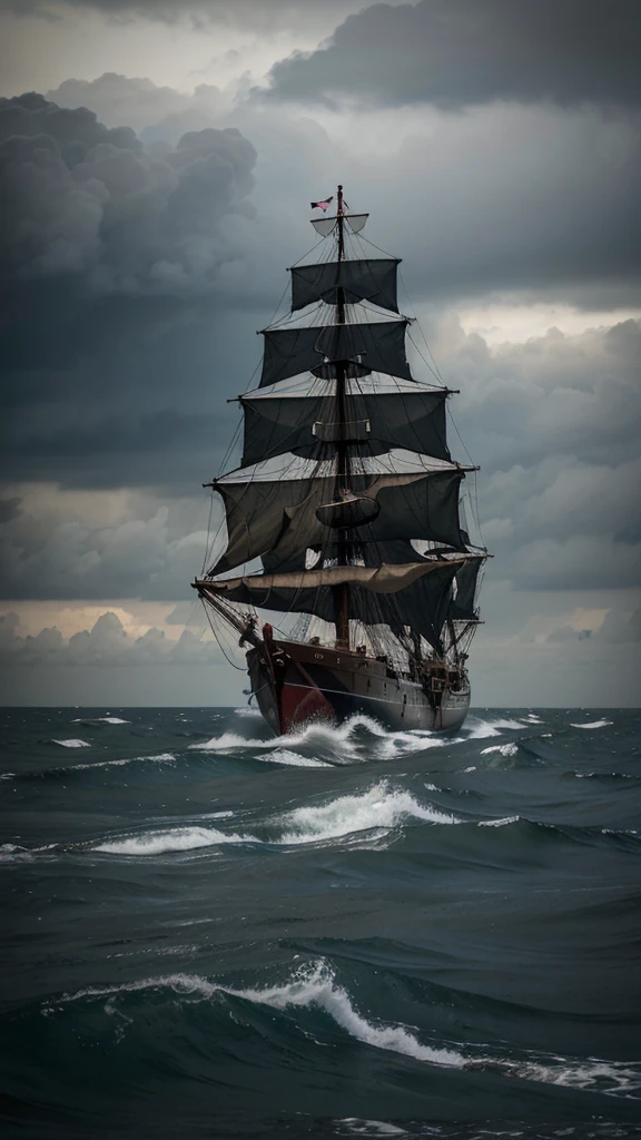A realistic illustration of a ship adrift at sea. The ship is old looking, with rusty hull and torn sails. It is tilted slightly to one side, highlighting your lack of control. The sea around is rough, with high waves and white foam, under a cloudy and gloomy sky. Dense fog covers part of the horizon, adding an air of mystery and suspense to the scene."