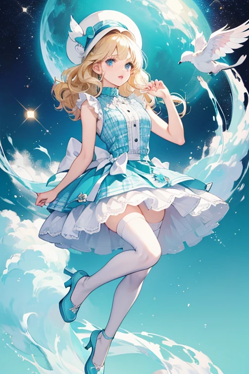 Paula has pale skin, and curly blonde hair with bangs. She has big blue eyes and pale pink lips, Her accessories consist of a fluffy cat hat.
Her dress consists of a white sleeveless blouse that is covered with a pink v-cut sleeveless cropped sweater, Her skirt is black and white shepherd's check pattern with button decorations, She also wears thigh-high white socks, Her shoes is a teal colored platform heels with teal straps and white soles. SPARKLE; GLITTER