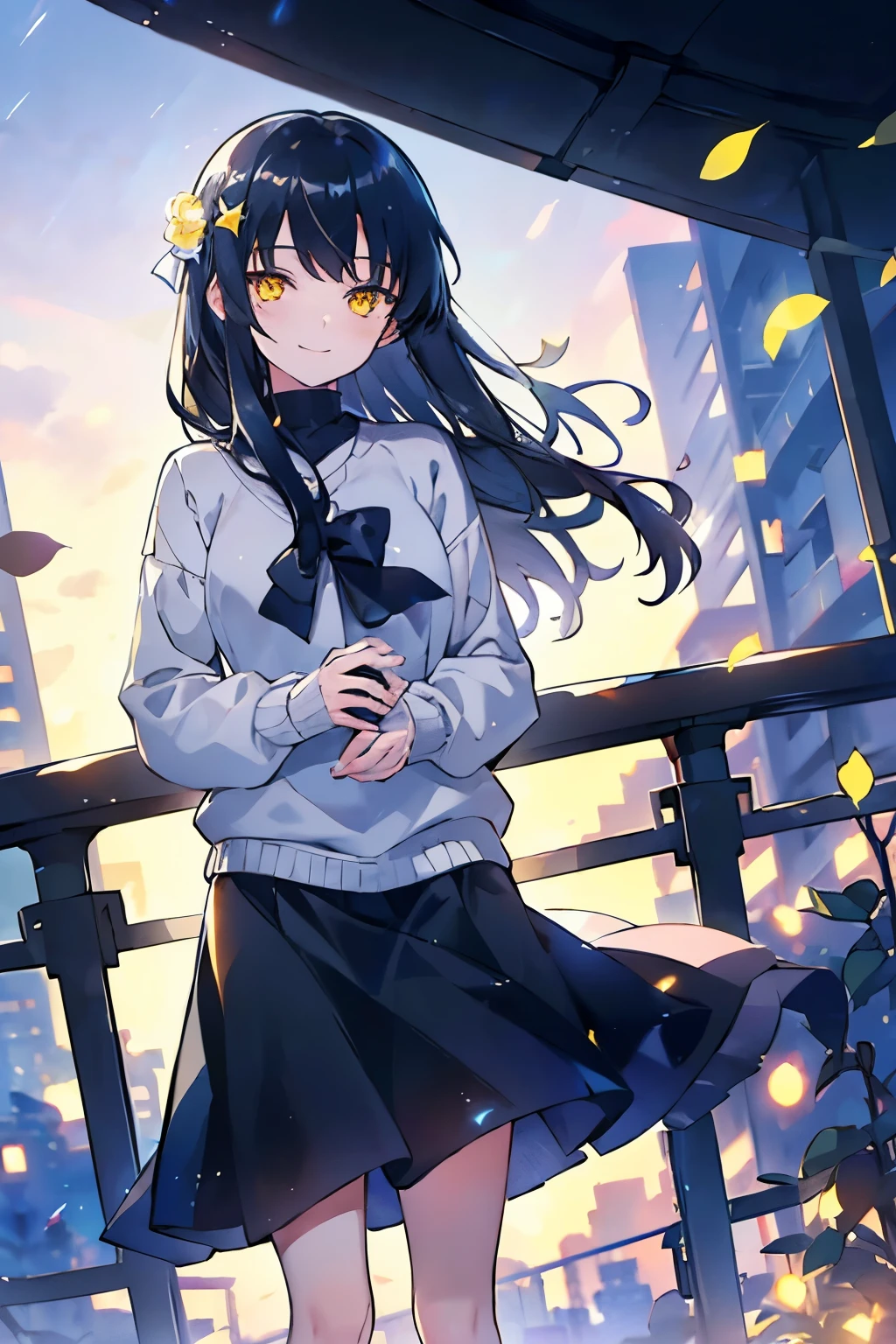 A girl, with long black hair, yellow eyes, wearing black sweater, wearing gray skirt, with sweet smile on her face, posing standing at the balcony and looking at the flower, background is balcony in the morning, HD picture, good AI art, NO BLUR PICTURE. 