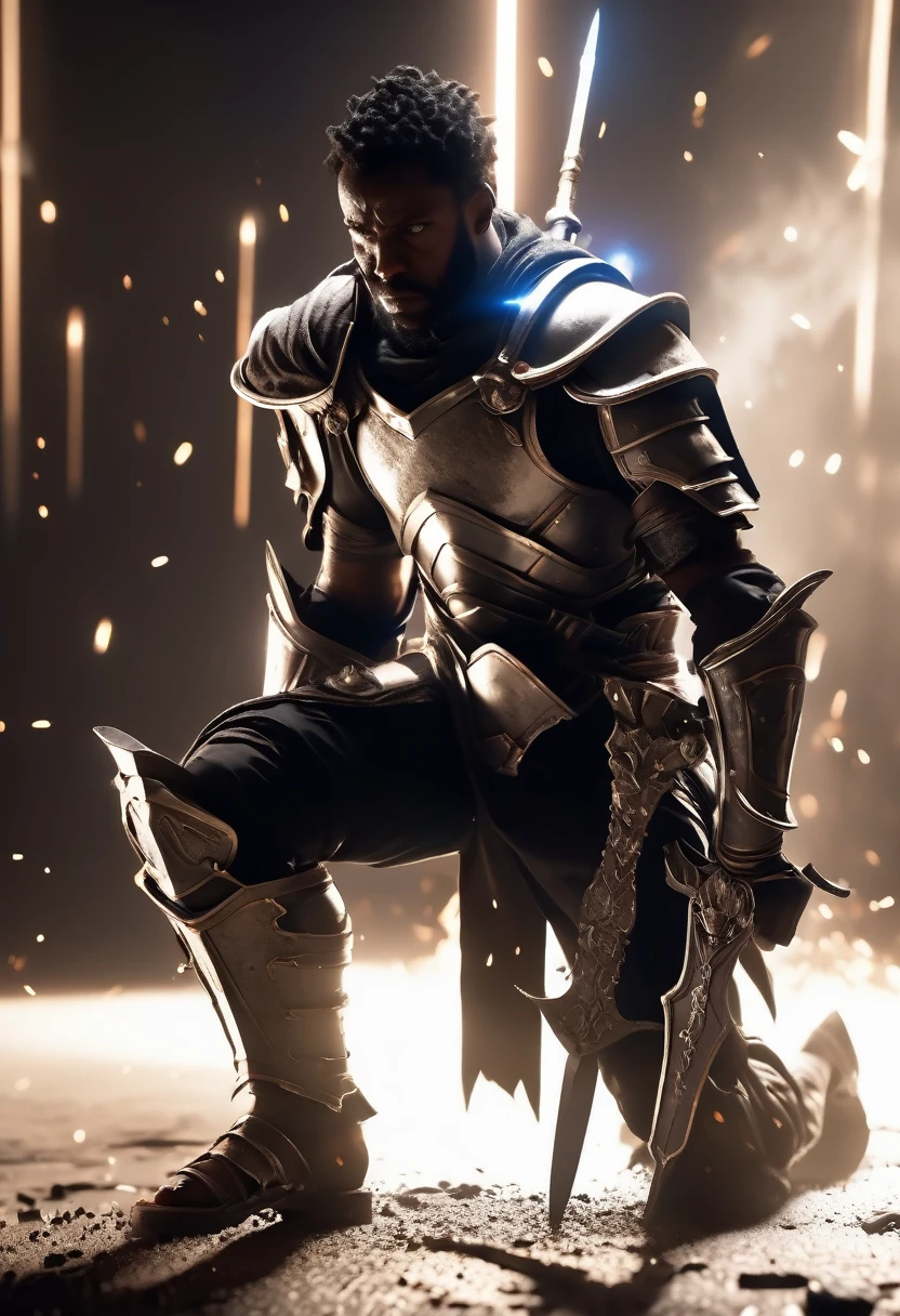 Side angle view A black African man on one knee head facing the ground, sword in it's sheath, explosive white light and particles in background, warzone with shields and torn armour all over the battlefield, sword and sandals epic, ridley scott movie, zach snyder movie, white particles shining a cinematic light providing a silhouette image of the black man, crafted with intricate details in Unreal Engine, Octane Engine, or Vray, evoking a sense of epic.