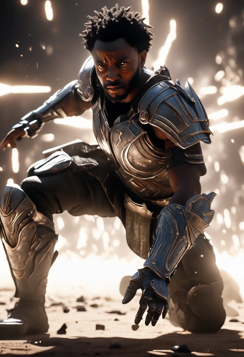 Side angle view A black African man on one knee head facing the ground, sword in it's sheath, explosive white light and particles in background, warzone with shields and torn armour all over the battlefield, sword and sandals epic, ridley scott movie, zach snyder movie, white particles shining a cinematic light providing a silhouette image of the black man, crafted with intricate details in Unreal Engine, Octane Engine, or Vray, evoking a sense of epic.