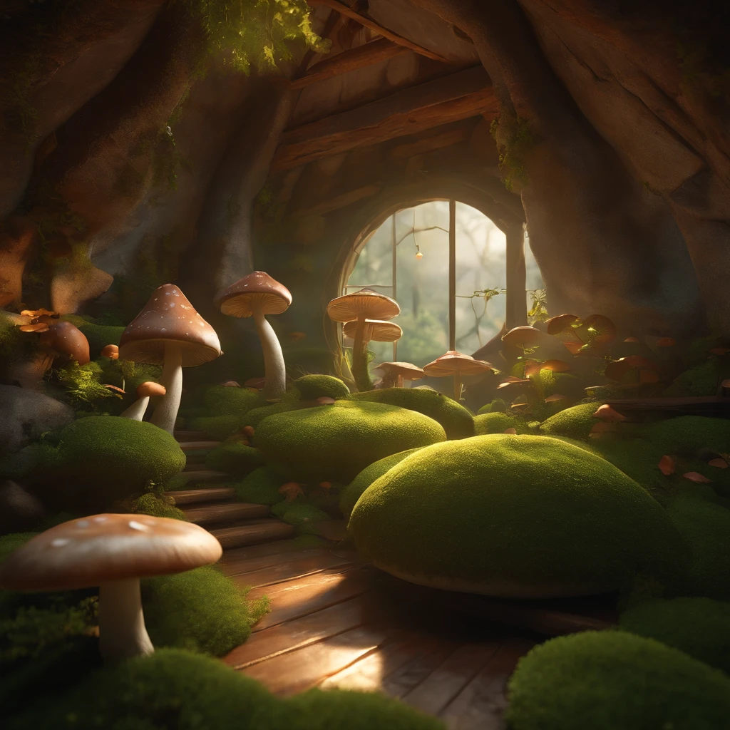 work of art, best qualityer, (Extremely detailed CG 8k unity wallpaper), (best qualityer), (best illustration), (best shade), A moss-covered mushroom house，firefly，the light of the water envelops the room，petal, 3D Isometric, octane rendering,ray tracing,ultra detaild,