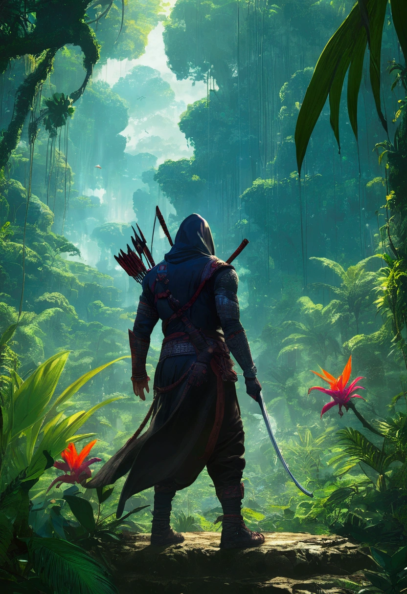 (masterpiece, best quality, vivid colors), A close up of a Dark Assassin in the jungle , 1man, Alone, anime screencap, full body shot, the background is a tropical jungle
