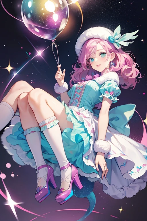 She is a pink cat-shaped piñata, she has purple and dark pink details on her ears, tail and legs, she has a rattle on the neck, her eyes are yellow, and she has light blue strips on the whiskers, eyelashes and ears. SPARKLE; GLITTER