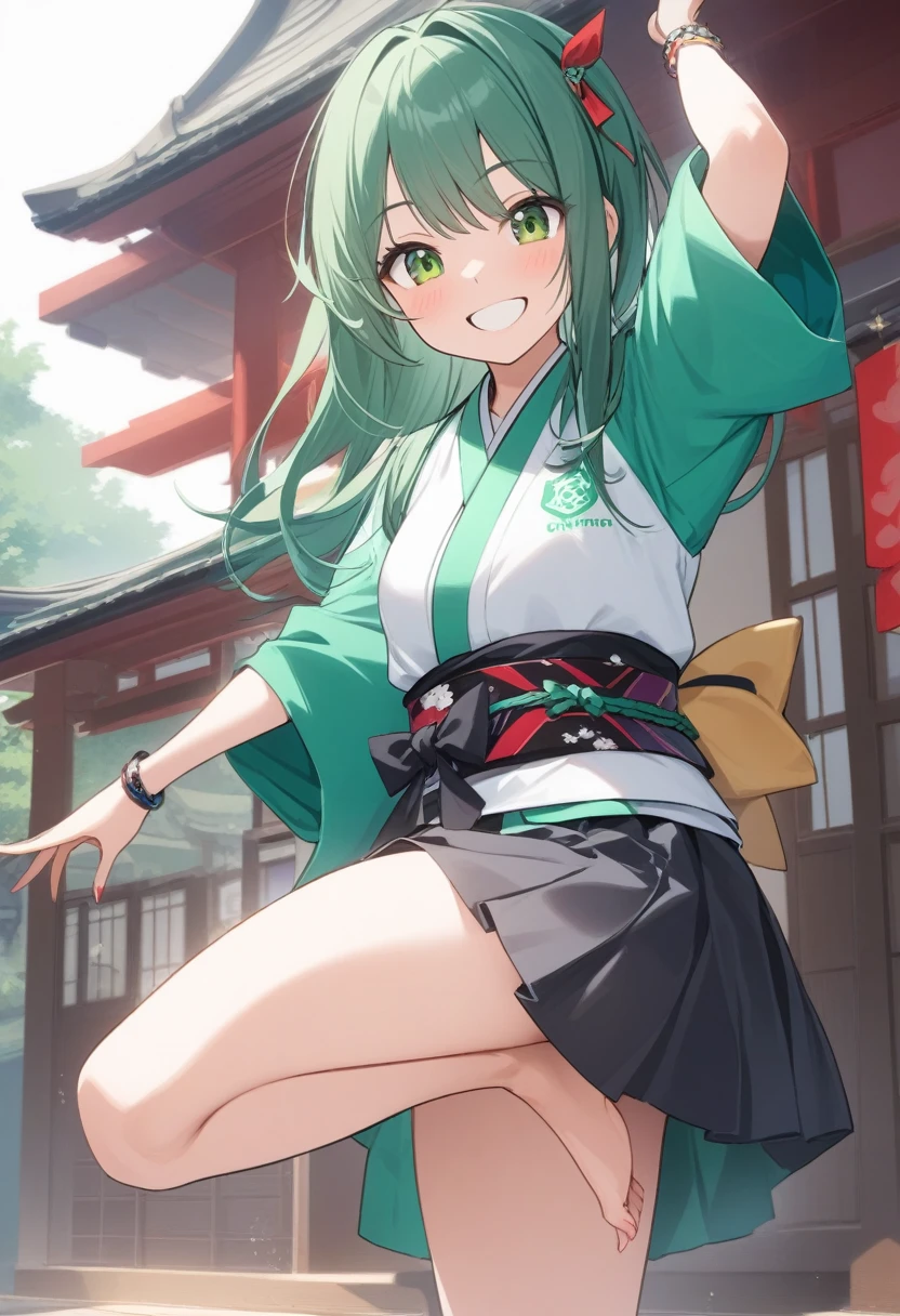 Light green hair,emeraldgreen eyes,florals,Floral hair ornament,bob,male child,Okappa,shrine maiden clothe,cute little,front facing,cherry trees,shrine maiden,shrines,a smile,M bangs,Hair between the eyes,Miko-san,shrine maiden,White priestess uniform,thighs thighs thighs thighs,thigh belt,Echi Echi Belt,chopping board,small tits