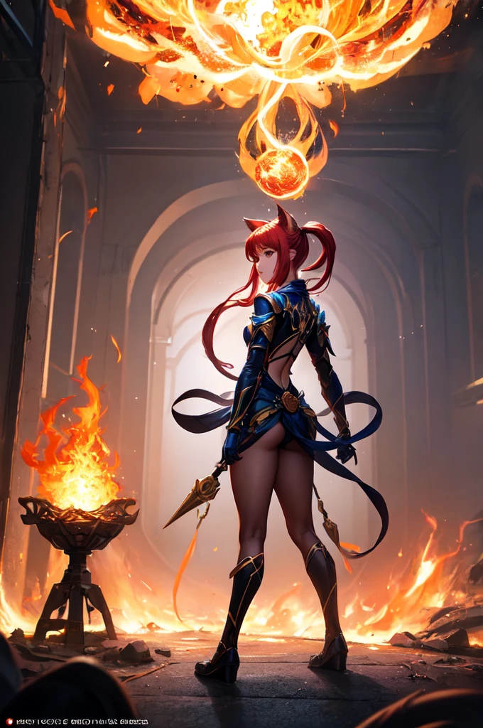 In an atmospheric and ethereal portrait, a paranormal luminescent neural network takes center stage. Image, amazingly detailed photo, reflects the interaction of mystical glow and advanced technology. Neural network floats in limbo, her circuits pulsate with an otherworldly light, as if there was a sentient being living inside. Threads of red-hot energy intertwine, creating a mesmerizing glow, which illuminates the environment. Flawless image quality clearly reveals complex network structure, inviting viewers to ponder the mysterious secrets, which it stores, red hair long pig tails, remove cat ears, dark mage, 2. 5 d cgi anime fantasy artwork, in the art style of mohrbacher, the sorceress casting a fireball, artgerm and rossdraws, wreathed in flame, rossdraws global illumination, fire spell, wide shot, full body, front view, from behind