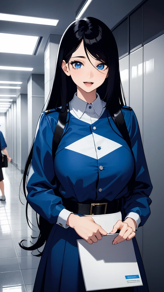 (masterpiece), (best quality), (ultra-detailed), ((girl, 29 years old)), an extremely delicate and beautiful, detailed eyes, minute details, (black hair, long hair, straight hair, hair between eyes), ((big breasts)), smile, open mouth, ((beautiful eyes)), (blue eyes), (upper body), she is wearing a blue dress, (detailed clothes), (detailed background, in a hospital, hospital hallway), (monochrome)