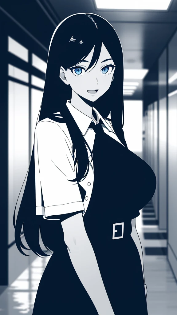 (masterpiece), (best quality), (ultra-detailed), ((girl, 29 years old)), an extremely delicate and beautiful, detailed eyes, minute details, (black hair, long hair, straight hair, hair between eyes), ((big breasts)), smile, open mouth, ((beautiful eyes)), (blue eyes), (upper body), she is wearing a blue dress, (detailed clothes), (detailed background, in a hospital, hospital hallway), (monochrome)
