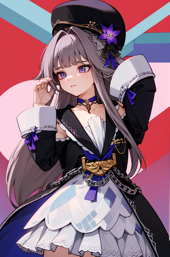 aherta, long hair, grey hair, hair flower, beret, black headwear, joints, choker, key, sailor collar, shoulder cutout, white dress, detached sleeves, herta, star rail herta, madam herta, star rail, arms up, absolute cinema meme, arms, front, front body, front body, hands up, front arms up, mature body, 