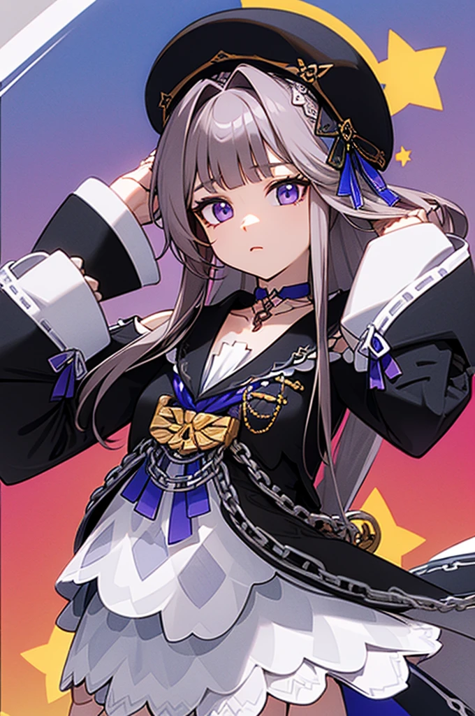 aherta, long hair, grey hair, hair flower, beret, black headwear, joints, choker, key, sailor collar, shoulder cutout, white dress, detached sleeves, herta, star rail herta, madam herta, star rail, arms up, absolute cinema meme, arms, front, front body, front body, hands up, front arms up, mature body, 