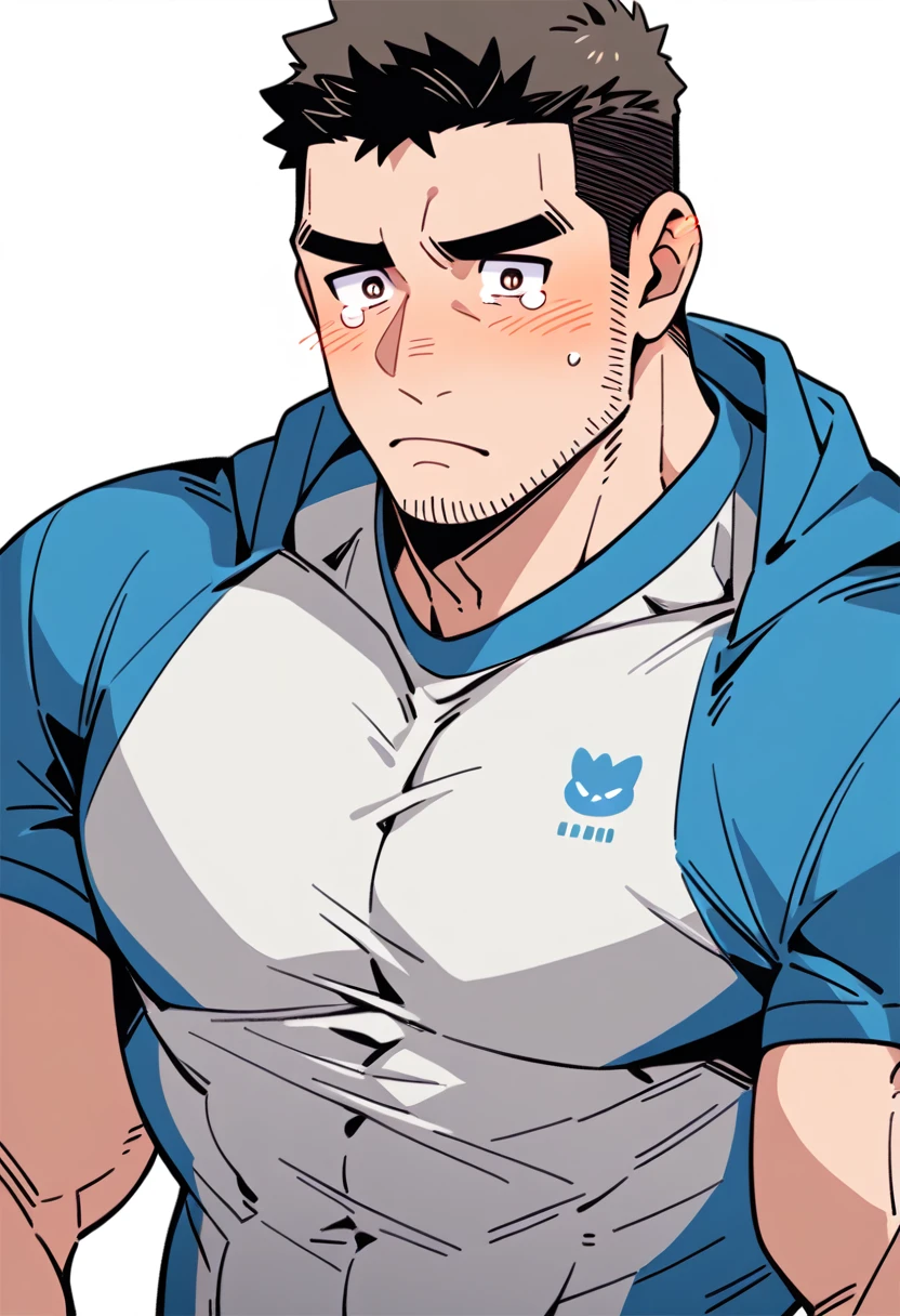 anime characters:Chris Redfield, Muscle Sports Student, Buzz Cut, Manliness, male focus, Sports tight hooded sweatshirt, Wear a black high-necked tights inside, Very tight, Huge chest muscles, muscular male, muscular, only, Upper body, alone, Red short hair, Thick eyebrows, stubble, Brown-red pupils, White background, simple background, amazing quality, best aesthetics, Ridiculous, crew cut, embarrassed, frown, nervous, tearing up, negative space, best quality