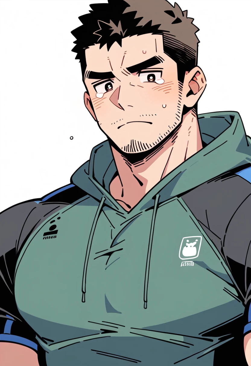 anime characters:Chris Redfield, Muscle Sports Student, Buzz Cut, Manliness, male focus, Sports tight hooded sweatshirt, Wear a black high-necked tights inside, Very tight, Huge chest muscles, muscular male, muscular, only, Upper body, alone, Red short hair, Thick eyebrows, stubble, Brown-red pupils, White background, simple background, amazing quality, best aesthetics, Ridiculous, crew cut, embarrassed, frown, nervous, tearing up, negative space, best quality