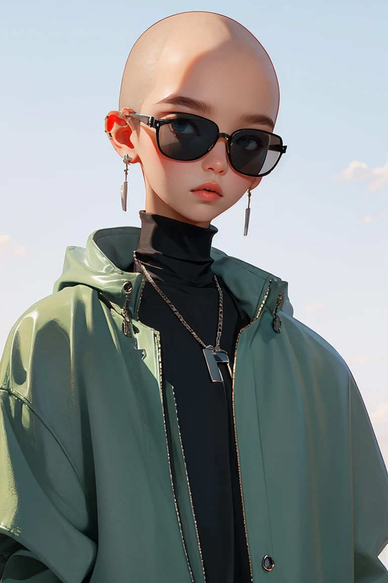 Blind Box,Simple Background,Blind Box,Simple Background,Shaved Head,Blonde Hair,Margiela,balenciaga,Vetments,High Fashion,Black clothes,sunglasses,whole body,Silver Chain