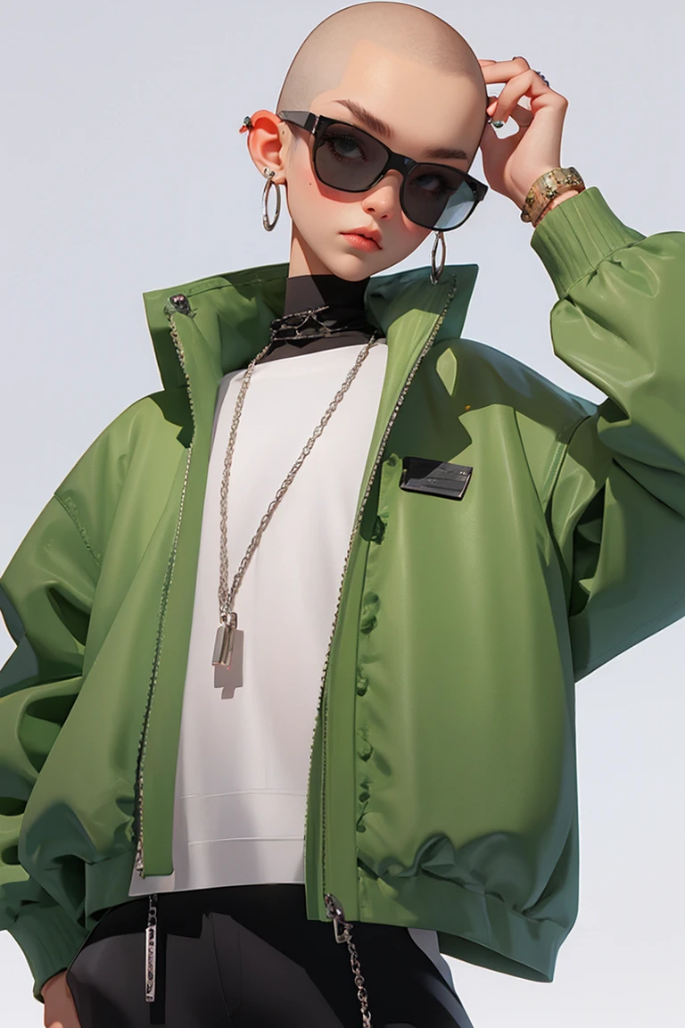 Blind Box,Simple Background,Blind Box,Simple Background,Shaved Head,Blonde Hair,Margiela,balenciaga,Vetments,High Fashion,Black clothes,sunglasses,whole body,Silver Chain