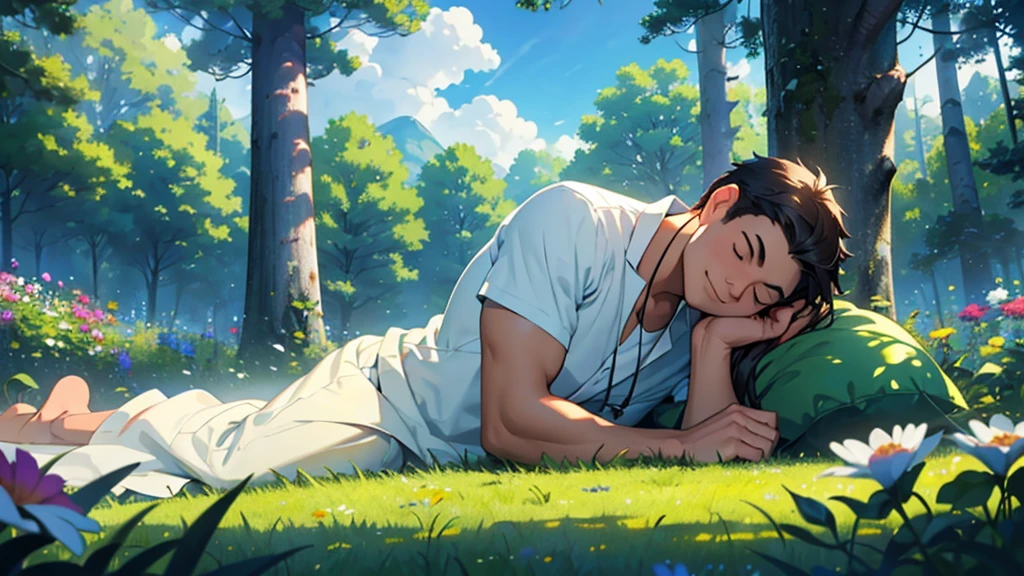 "A calm man, with a serene expression, is lying on a lush green lawn, surrounded by tall trees and colorful flowers. The sky above is clear, with some soft white clouds floating. He's in a relaxed, No worries, with your eyes closed and a slight smile on your face, enjoying the peace and tranquility of the natural environment around you."