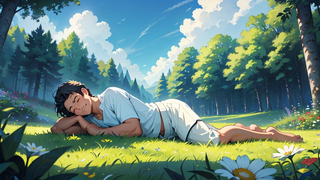 "A calm man, with a serene expression, is lying on a lush green lawn, surrounded by tall trees and colorful flowers. The sky above is clear, with some soft white clouds floating. He's in a relaxed, No worries, with your eyes closed and a slight smile on your face, enjoying the peace and tranquility of the natural environment around you."
