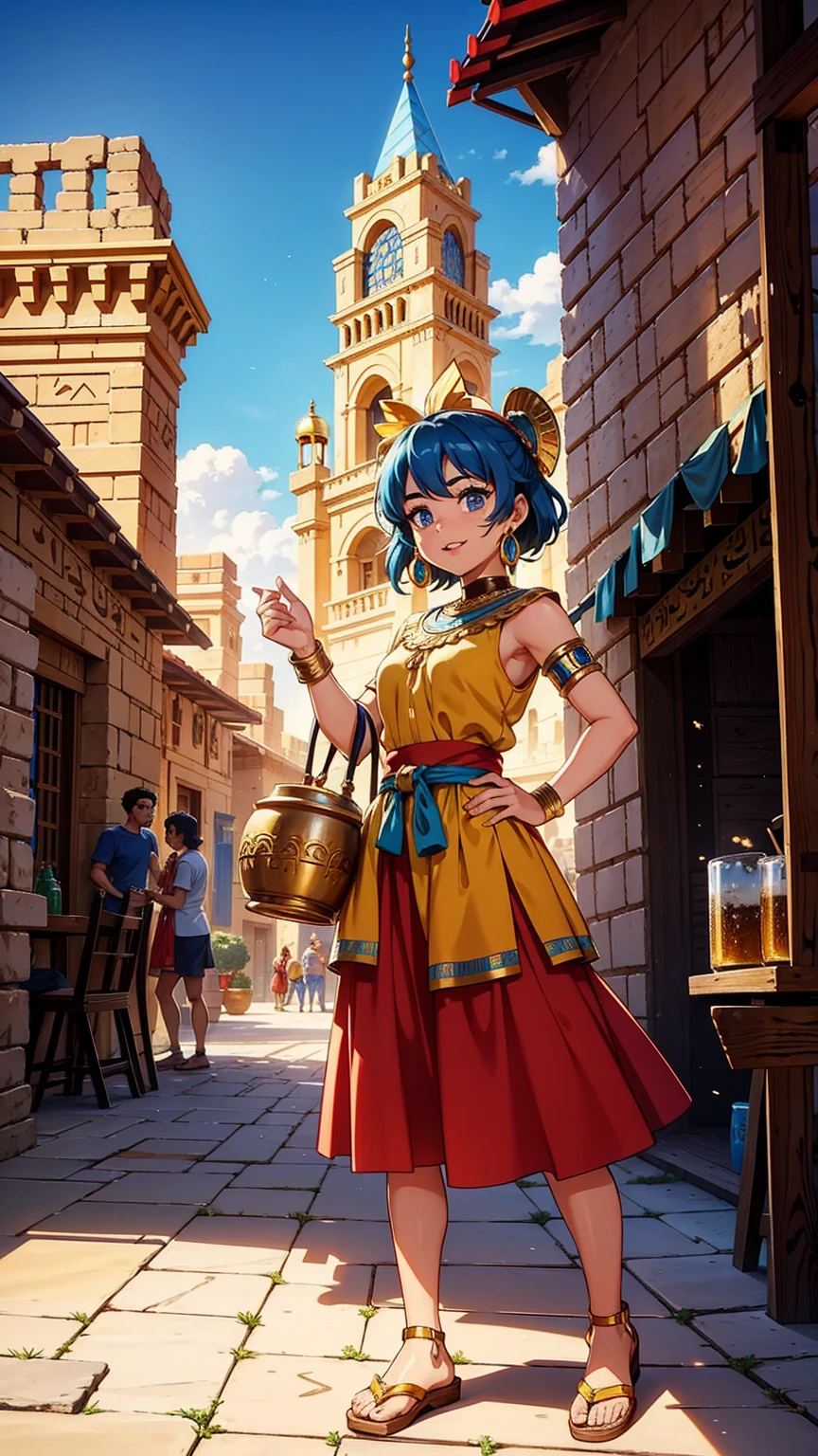 A vibrant 3D Pixar-Disney animated style scene set in ancient Mesopotamia or Egypt, showing characters brewing beer. The scene includes clay vessels and detailed ancient architecture. Characters are wearing typical clothing of the era, interacting cheerfully, and actively involved in the brewing process, using wooden cups instead of glass mugs, with a lively marketplace in the background.