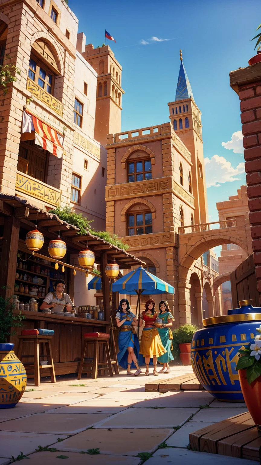 A vibrant 3D Pixar-Disney animated style scene set in ancient Mesopotamia or Egypt, showing characters brewing beer. The scene includes clay vessels and detailed ancient architecture. Characters are wearing typical clothing of the era, interacting cheerfully, and actively involved in the brewing process, using wooden cups instead of glass mugs, with a lively marketplace in the background.