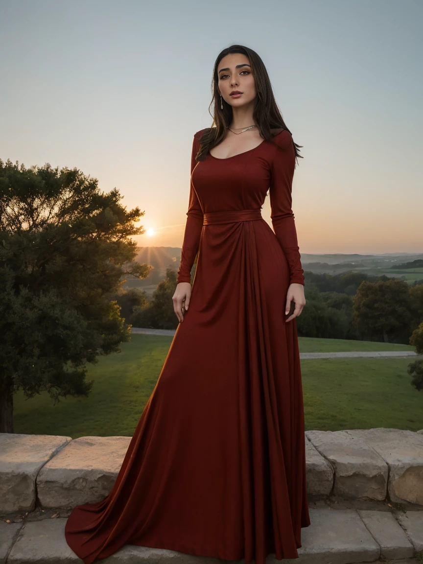 Beautiful and regal, imperious and aloof, busty athletic (thin) brunette queen with sharp facial features wearing a modest updo, dark red medieval dress, long sleeves, wide neck, crown, veil, long dress, modest dress, tight bodice, (silver waist chain), medieval jewelry, Middle Ages, castle, rampart, wall, exterior, on top of a castle wall, trees, countryside, evening, sunset.