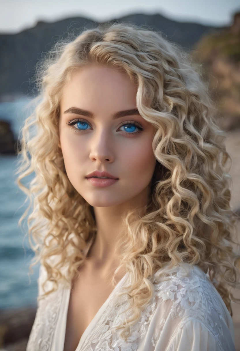 Can I get a Beautiful girl blonde curly hair and ocean blue eyes