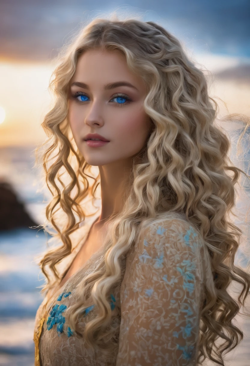 Can I get a Beautiful girl blonde curly hair and ocean blue eyes 
