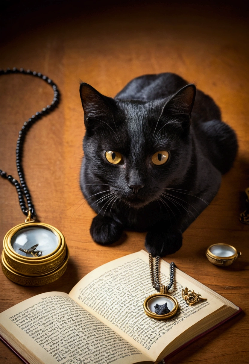 The images I need have to be related to this text since it is for children from 4 to 6 years old and that the image is more illustrated 6. The Detective Cat Tomás era un gato muy curioso que vivía en un vecindario tranquilo. He always found lost objects and solved little mysteries.. One day, a valuable necklace disappeared and everyone was worried. Tomás followed clues and, using your keen sense of smell, discovered that the necklace was in a mischievous crow's nest. He returned the necklace to its owner and everyone in the neighborhood started calling him "The Detective Cat". Since then, Tomás continued solving mysteries and helping his friends.