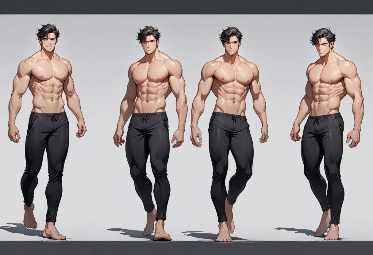 cartoon，Handsome face，Naked figure，Black pants，Perfect body，Men wearing only，Front view，Full body shot，High Detail，run