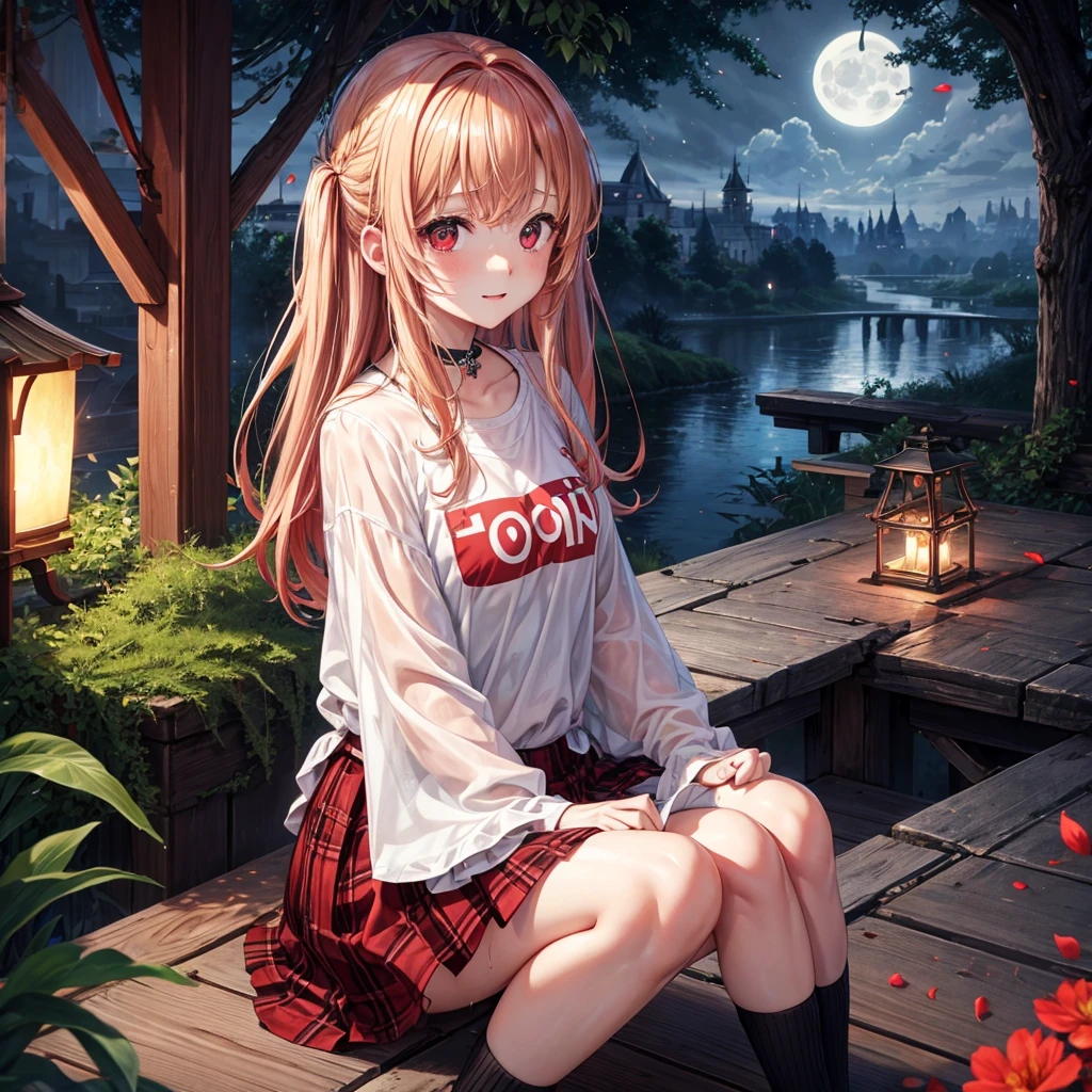 Red-blonde、Red eyes、One cute girl、solo、And soul、Light clothing、Checked mini skirt、petal、Wet hair、Sit on、black t-shirts、large tree、cloud、full moon、monster castle、lanthanum、Hell's Gate、Craft Gatekeeper、barefoot、Stones are piled up、Devil、Teeth are visible、Secret Treasure、Wooden chair