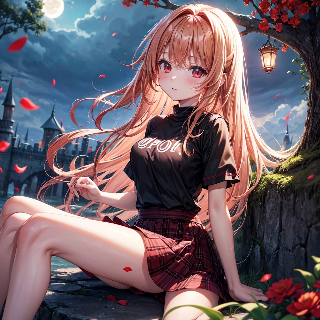 Red-blonde、Red eyes、One cute girl、solo、And soul、Light clothing、Checked mini skirt、petal、Wet hair、Sit on、black t-shirts、large tree、cloud、full moon、monster castle、lanthanum、Hell's Gate、Craft Gatekeeper、barefoot、Stones are piled up、Devil、Teeth are visible、Secret Treasure、Wooden chair