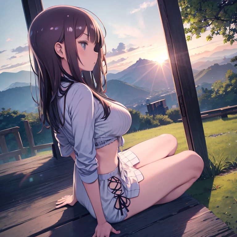 A young woman is sitting outside an old house on the mountain, she is wearing a short dress, her hips are big, there is a fire burning, there are bottles of wine, it is night.