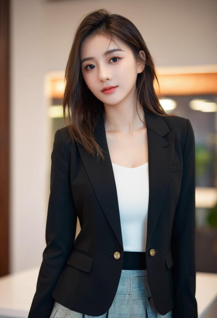 Top quality, masterpiece, 1 girl, Pretty Face, (Realistic photos:1.3), Edge lighting, (High Detail Skin:1.2), 8K UHD, Digital SLR Camera, high quality, HD, 4K, 8K, Bokeh, (real: 1.3), Small face, A cute girl, Black Formal Blazer, Mid-chest, Short skirt,office