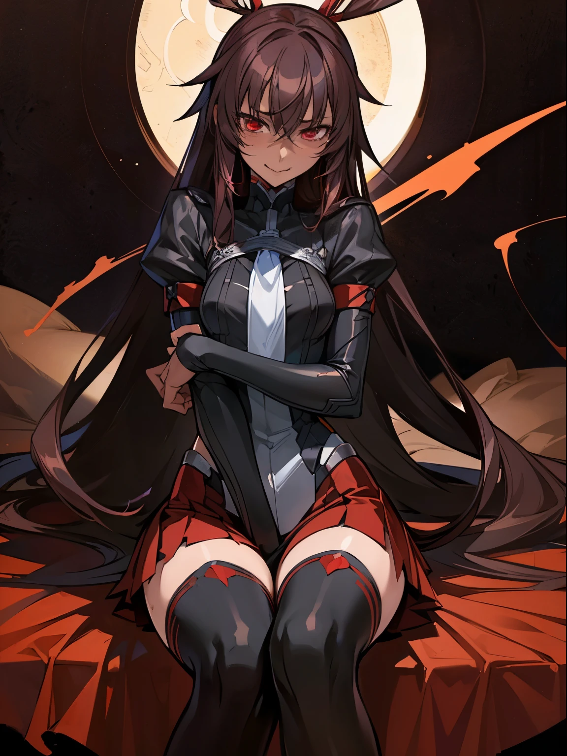 (Highest quality、masterpiece:1.2),  1 Female、 Yukikaze, (Dark-skinned woman) Slender woman、Brown long hair、Red eyes、Red ribbon、Black clothes、Red Skirt、(Black high leg、Black knee-highs), ((Malicious look、Vulgar smile)) Mr.々A pose