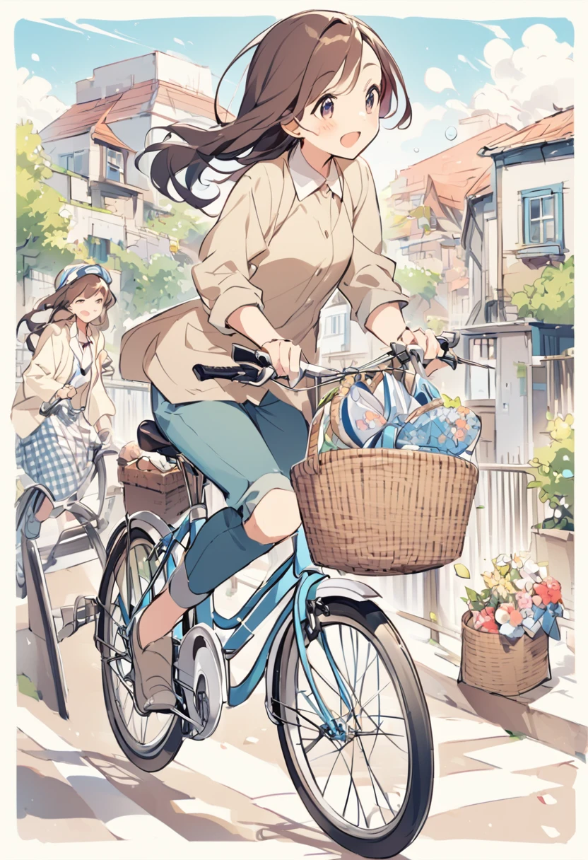 Leaning forward、Move forward left、girl、bend arms、ride a bicycle、Good posture、Mamachari、Bicycle with basket、Straight back、Bend your elbows、Riding a bike