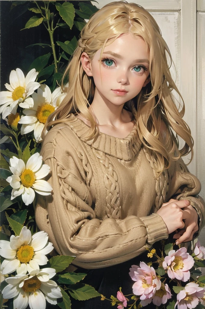 A thirty year old girl, with blonde hair, long and wavy and loose. green eyes. clear skin. tired eyes. looking to the camera. Wearing a beige sweater, around it a lot of colorful flowers.