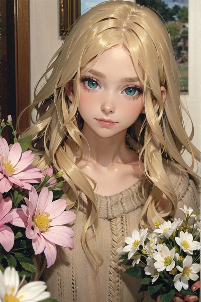 A thirty year old girl, with blonde hair, long and wavy and loose. green eyes. clear skin. tired eyes. looking to the camera. Wearing a beige sweater, around it a lot of colorful flowers.