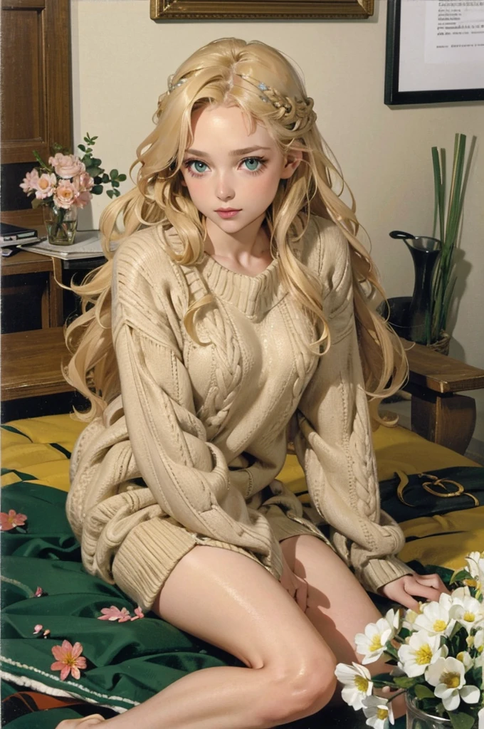 A thirty year old girl, with blonde hair, long and wavy and loose. green eyes. clear skin. tired eyes. looking to the camera. Wearing a beige sweater, around it a lot of colorful flowers.