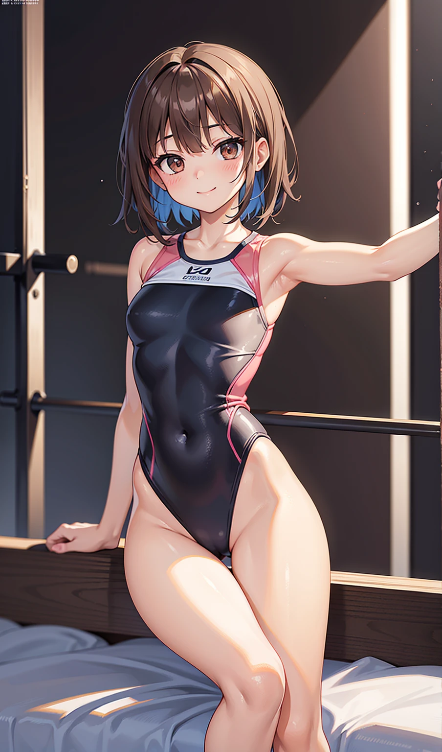 High quality illustrationasterpiece、Very delicate and beautiful、Attractive girl、(Gymnastics leotard、Tight leotard、High leg leotard、athletic leotard、Pink leotard)、Audience reaction、thin、Slender body、slim、high school、gym、Gymnastics Club、Beautiful Eyeasterpiece、Highest quality:1.2)、High resolution、Highly detailed CG Unity 8k wallpaper、Perfect lighting、colorful、超High resolution、4K、Super detailed、photograph、8k、HDR、、Cowboy Shots、Dark brown eyes、Dark brown short hair、smile、bed、Spread your legs