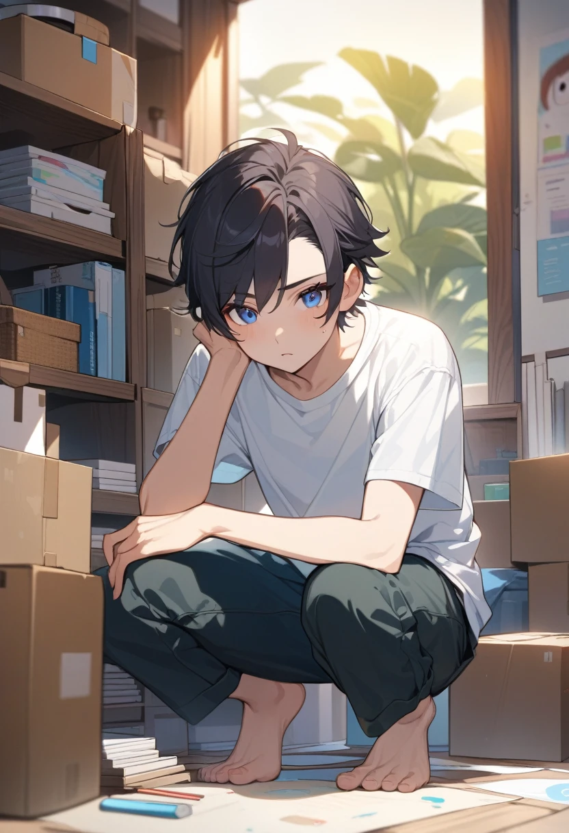 masterpiece, best quality, extremely detailed, ultra detailed, flat anime, 2D, ((1boy)),black hair, (short hair:1.5),blue eyes, height 1.7meters, (circle eyes:1.2), (young adult:1.2), Ear-length sideburns, long Sleeves, White T-shirt, barefoot, ((short sleeves)), ((long pants)), squatting, open mouth, summer, 12AM, livingroom,organizing the boxes., ((portrait)),full body,expressionless