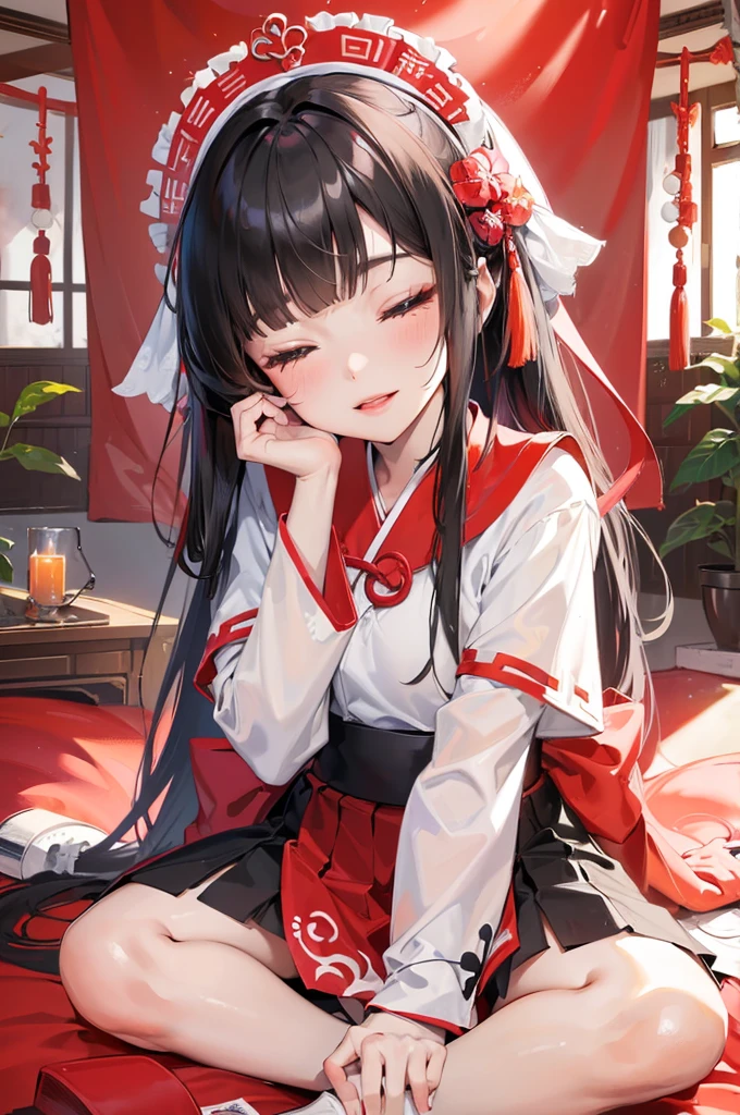 (relax style) (sitting, spread legs), (crossed ankles:1.6), (soro:2, 15 yo, blunt bangs:1.3 black hair long hair sexy shrine maiden girl, sexy closed eyes, love smile, glossy lip, medium tits), in a shrine maiden clothes, break, (in the cute bedroom, background cute bedroom), BREAK, perfect anatomy, masterpiece, best quality, 16k, beautiful detailed grow, daydreaming expression.